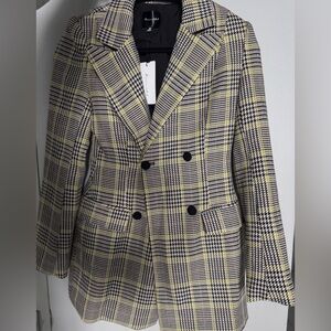 Lined & Dot XS Double Breasted Plaid Blazer Jacket Yellow Black White NWT .